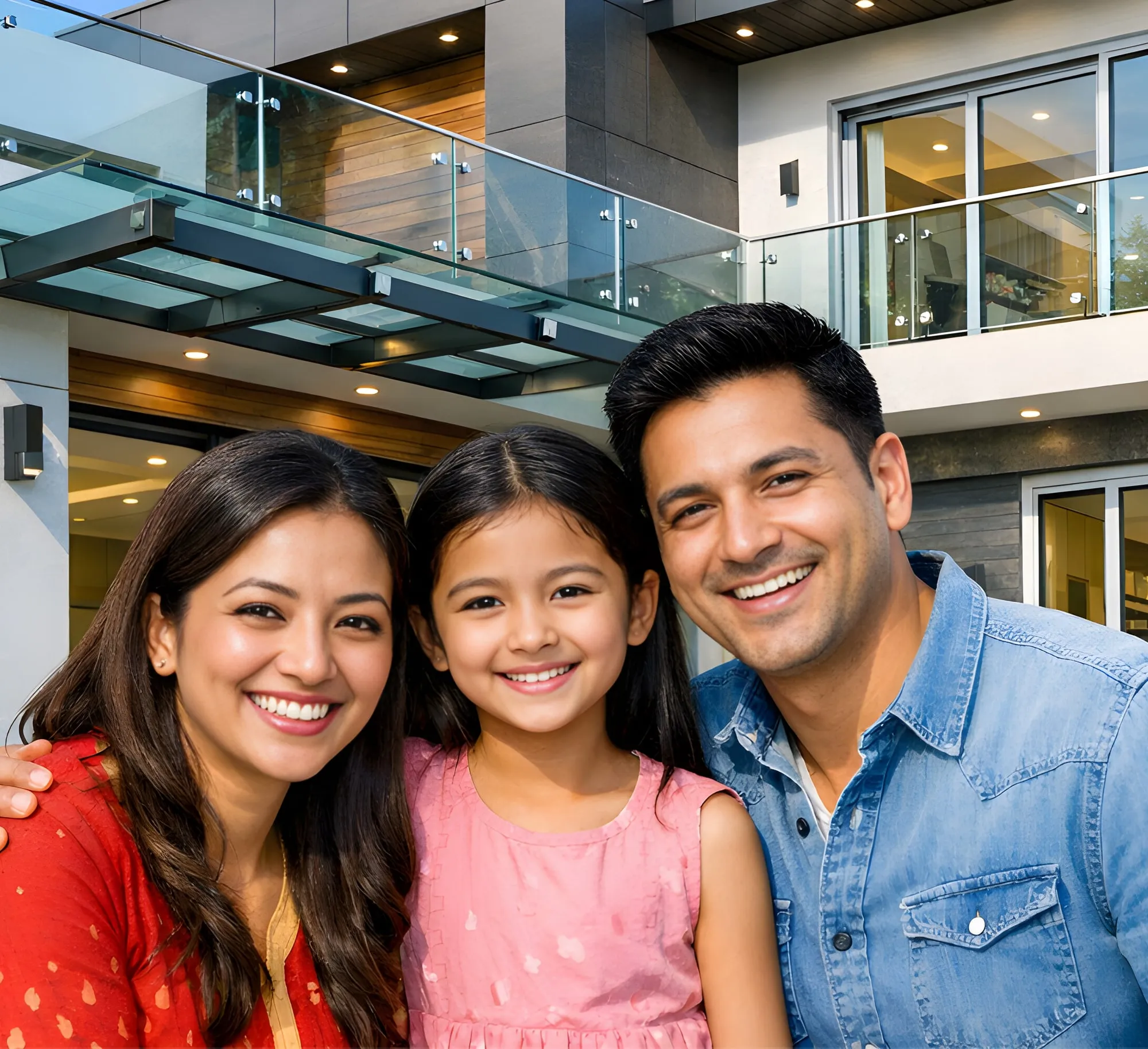 Smiling Nepali family in front of their modern home with glass balcony railings and aluminium windows