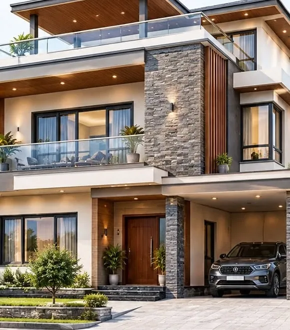 Modern multi-storey house with large aluminium-framed windows and glass balcony railings